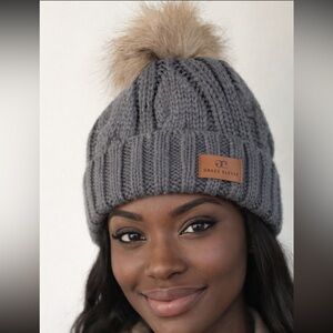 Grace Eleyae cable knit beanie with faux fur pom pom satin lined adjustable OS